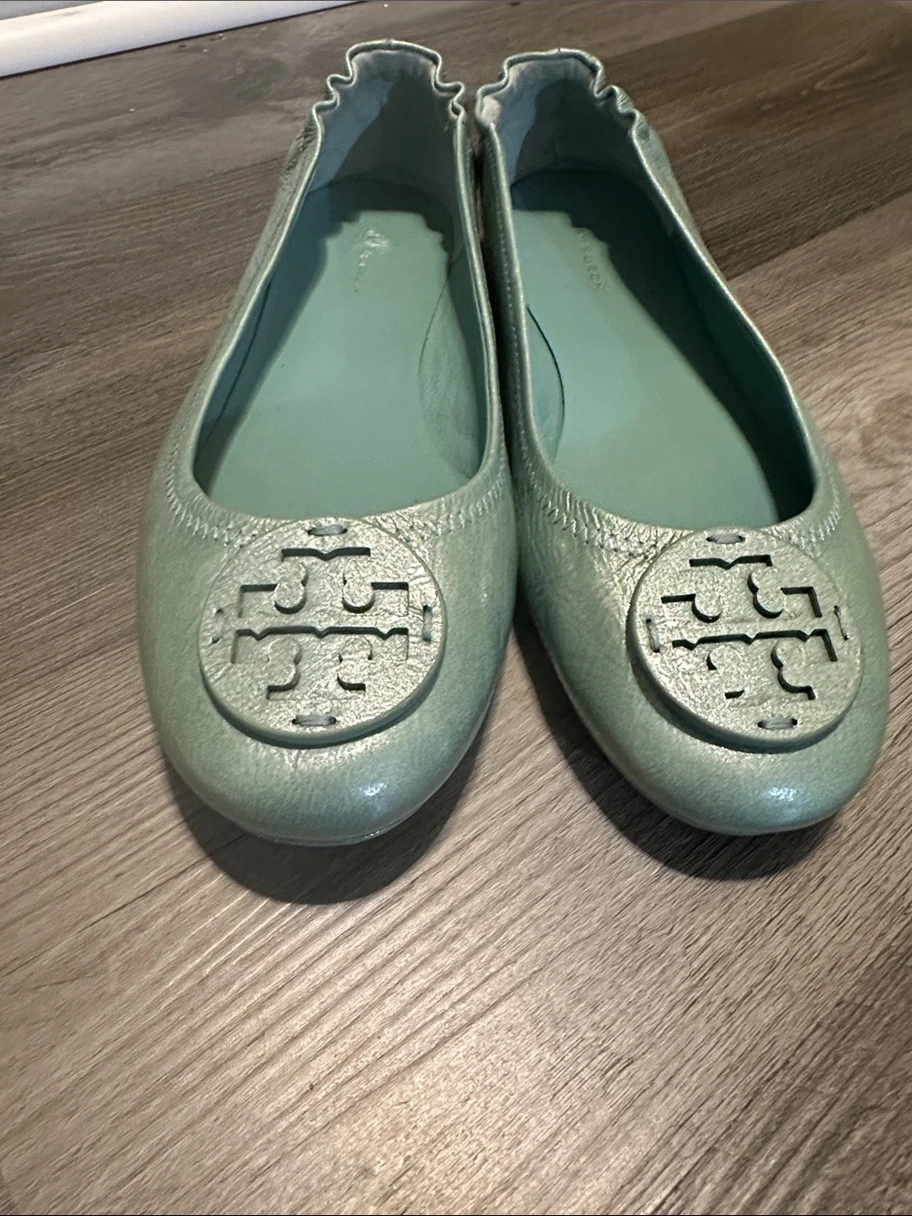 Tory Burch Seafoam Leather Ballet Flats with Logo Medallion